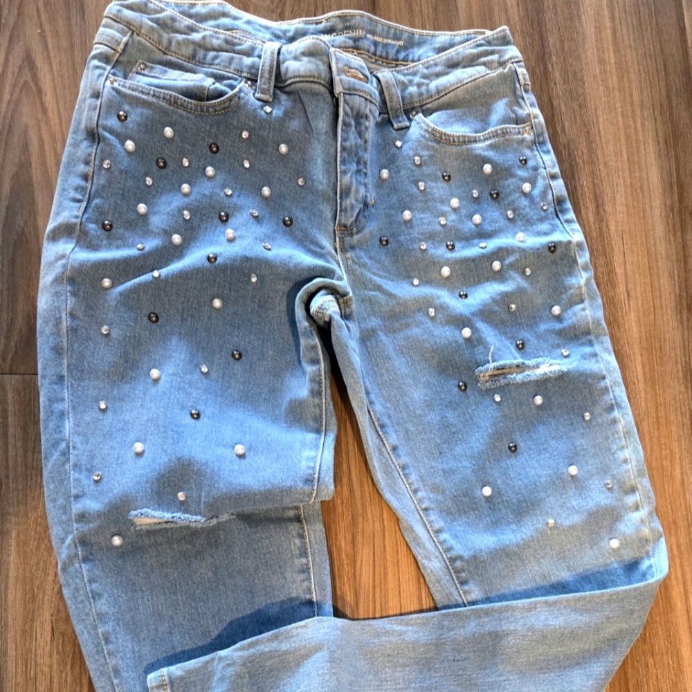 INC International Denim Mid Rise Straight Jeans Women's Size 6 Pearl Rhinestones